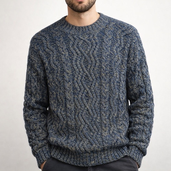 Vintage 1980s Banana Republic Cable Knit Fisherman Sweater Indigo Tan Sz Medium